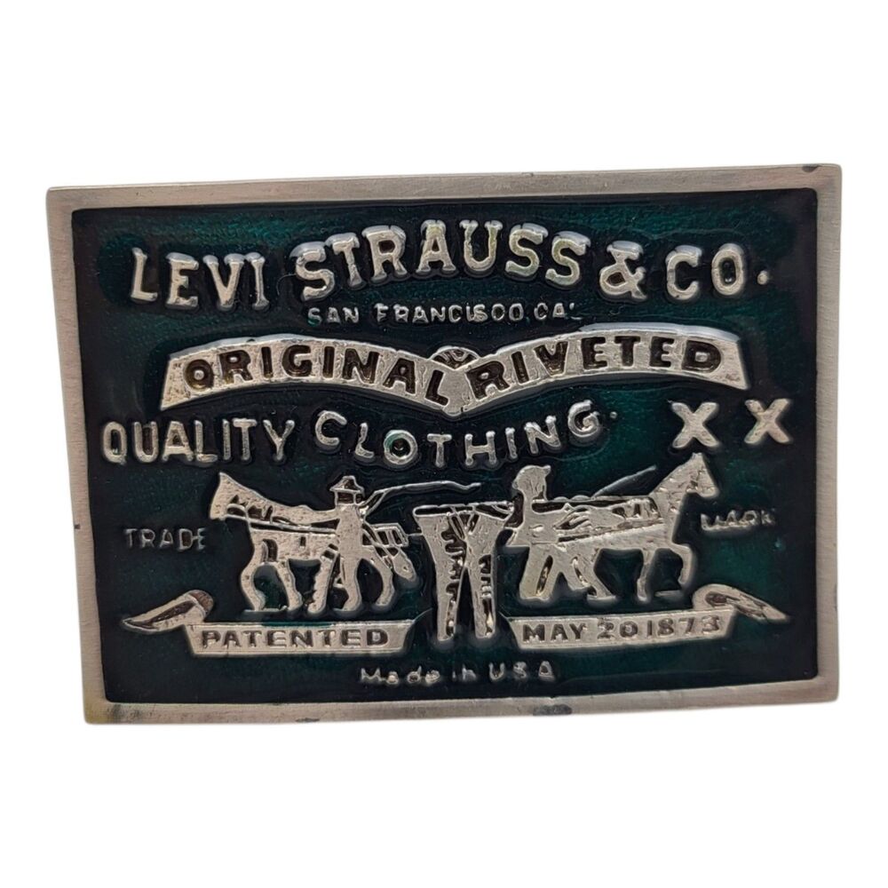Levi Strauss Jeans Two Horse Western Green Enamel Metal Belt Buckle Vintage Rare